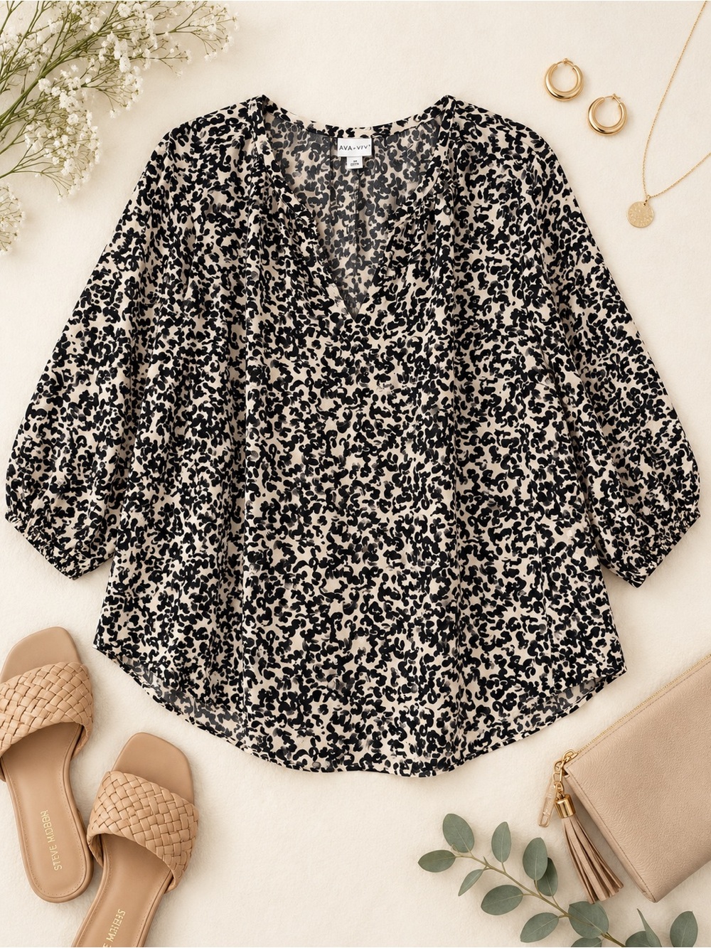 Ava & Viv Black Abstract Animal Print Blouse 2X NWT Plus Size
